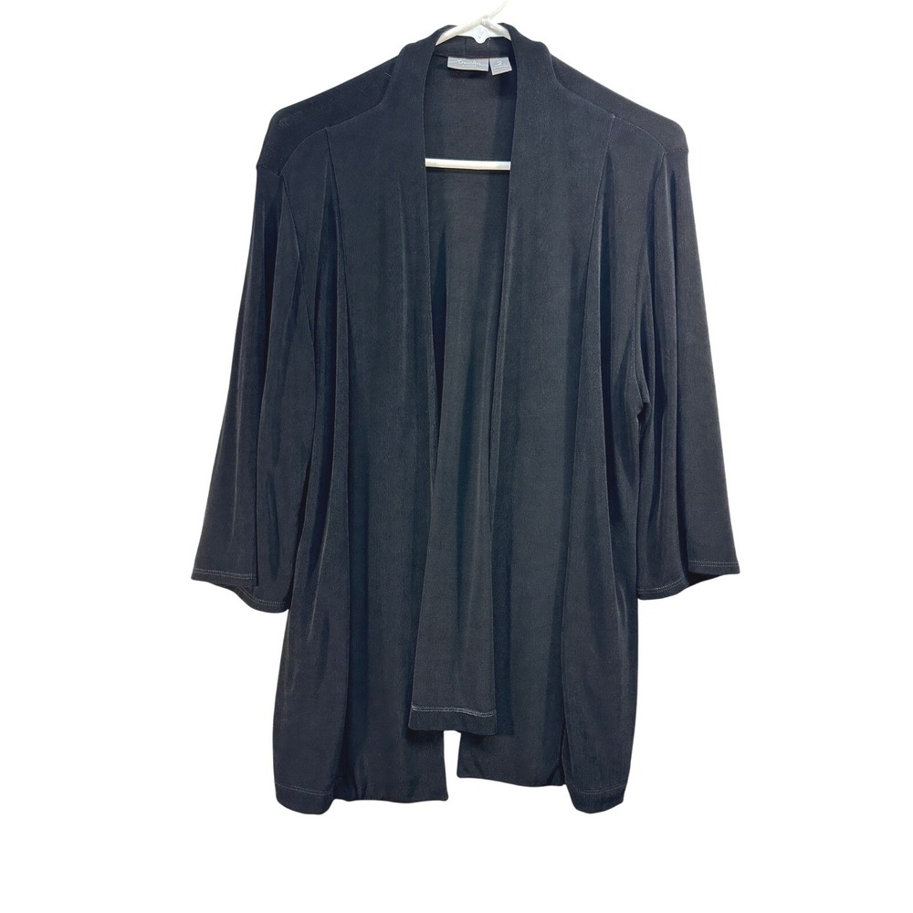 Chico's Travelers Black Open Front Cardigan Ribbed 3/4 Sleeve Jacket Pockets 2 L